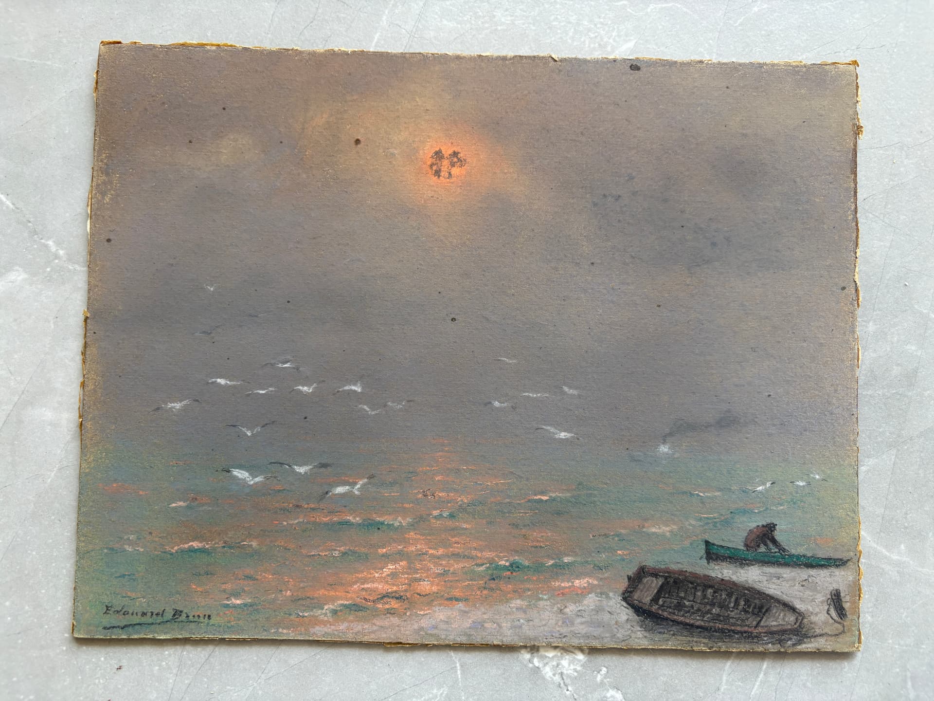 Seascape Maritime Painting Boat with Man, Seascape Édouard BRUN (1860-1935)