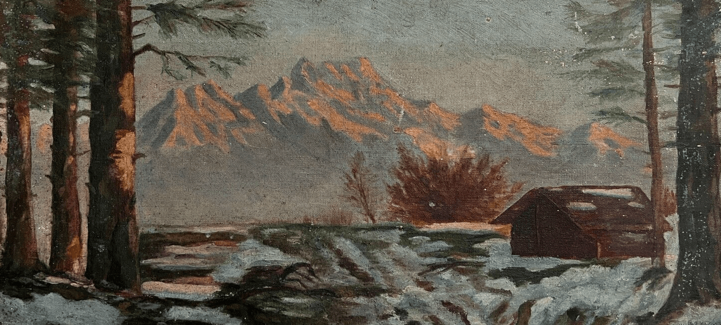Antique Original Painting Chalet Winter Mountain Landscape, Snow, Pine Tree