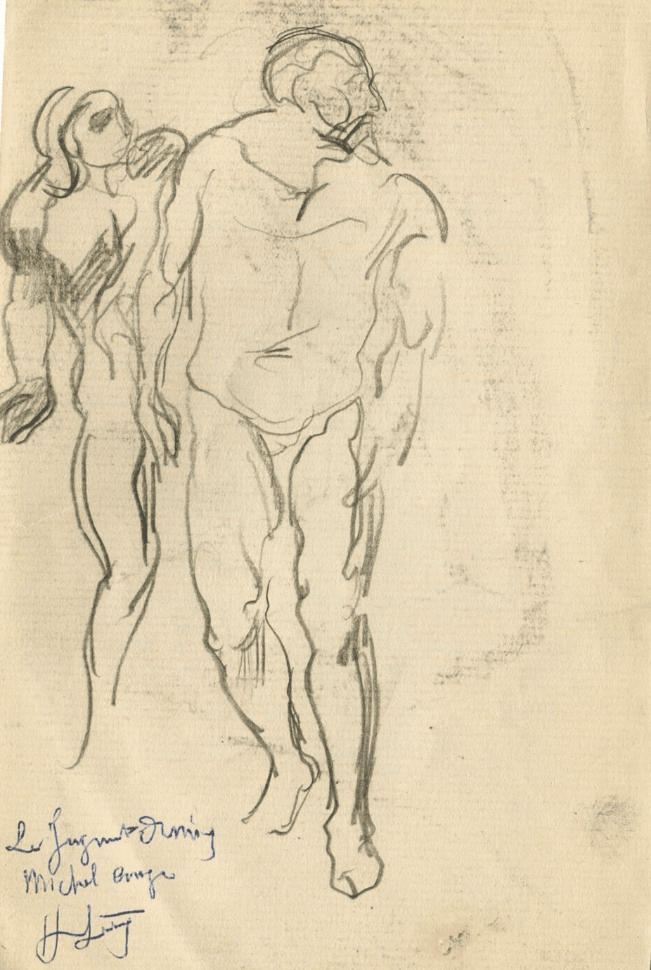 Antique Pencil Original Drawing after Michel Ange, Sketch, People