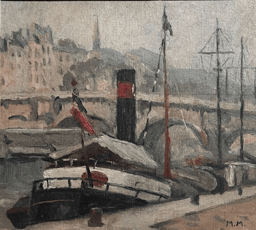 Vintage Oil Painting Maritime Cityview, Boat, City, Bridge, Quay signed, Seascap image 1