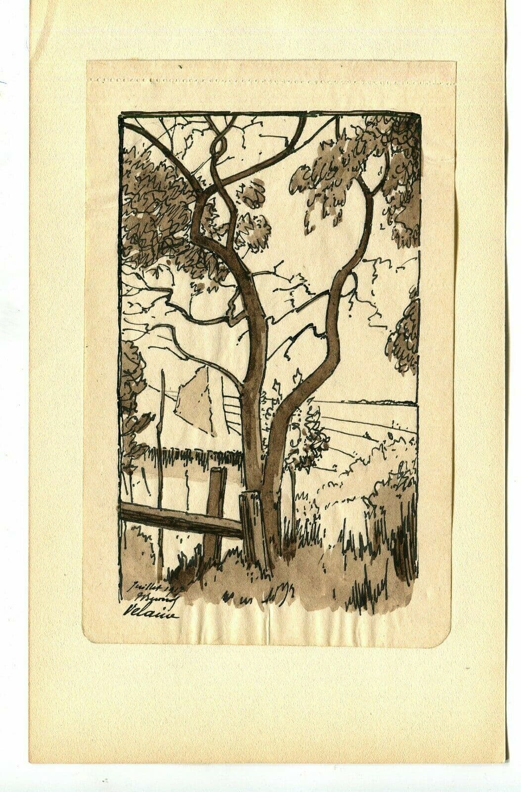 Drawing Signed Landscape, Tree, Lorraine 1917 image 2