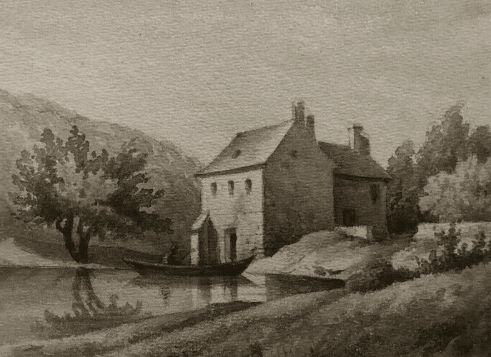 Antique Ink Drawing House Landscape, Boat and Figures 1862