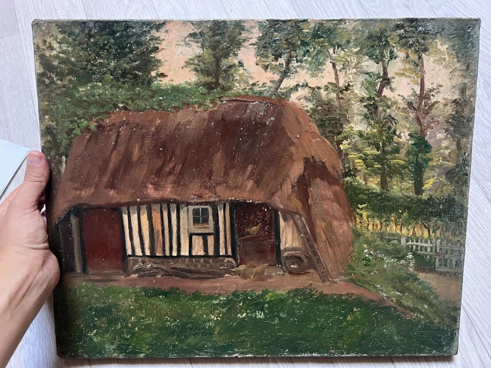 Antique Original Painting Landscape, House, Farm, Trees, Forest, Sennelier image 2