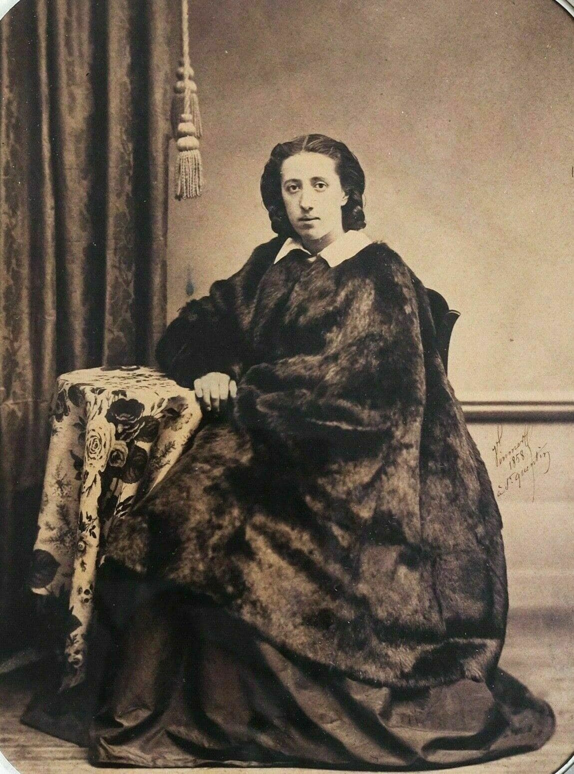 Vintage Albumen Alexis VINMER - St Quentin, Lady Portrait with Fur Coat 1858