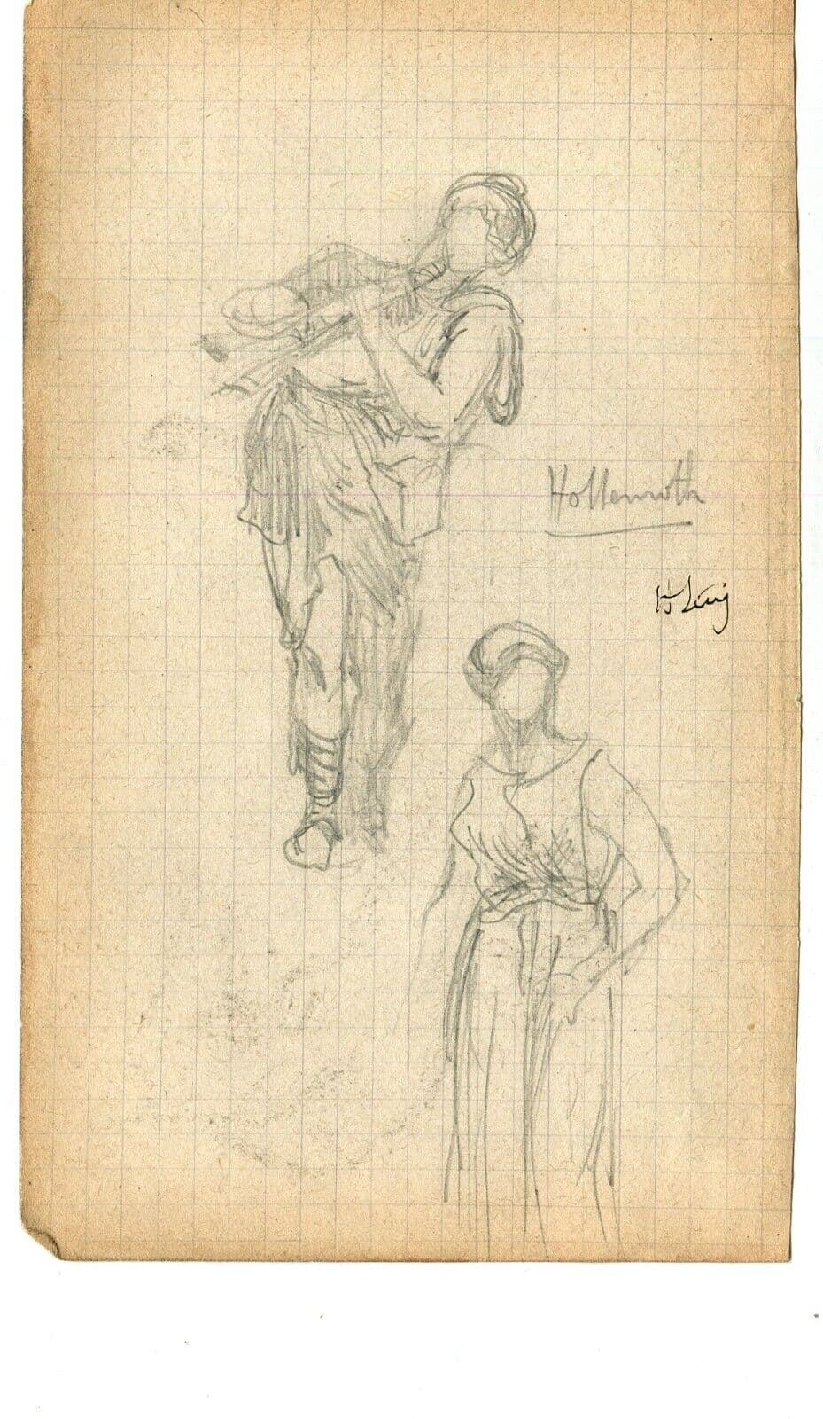 Antique Pencil Original Drawing, Figures, Music, Trumpet, Sketch, Signed image 6