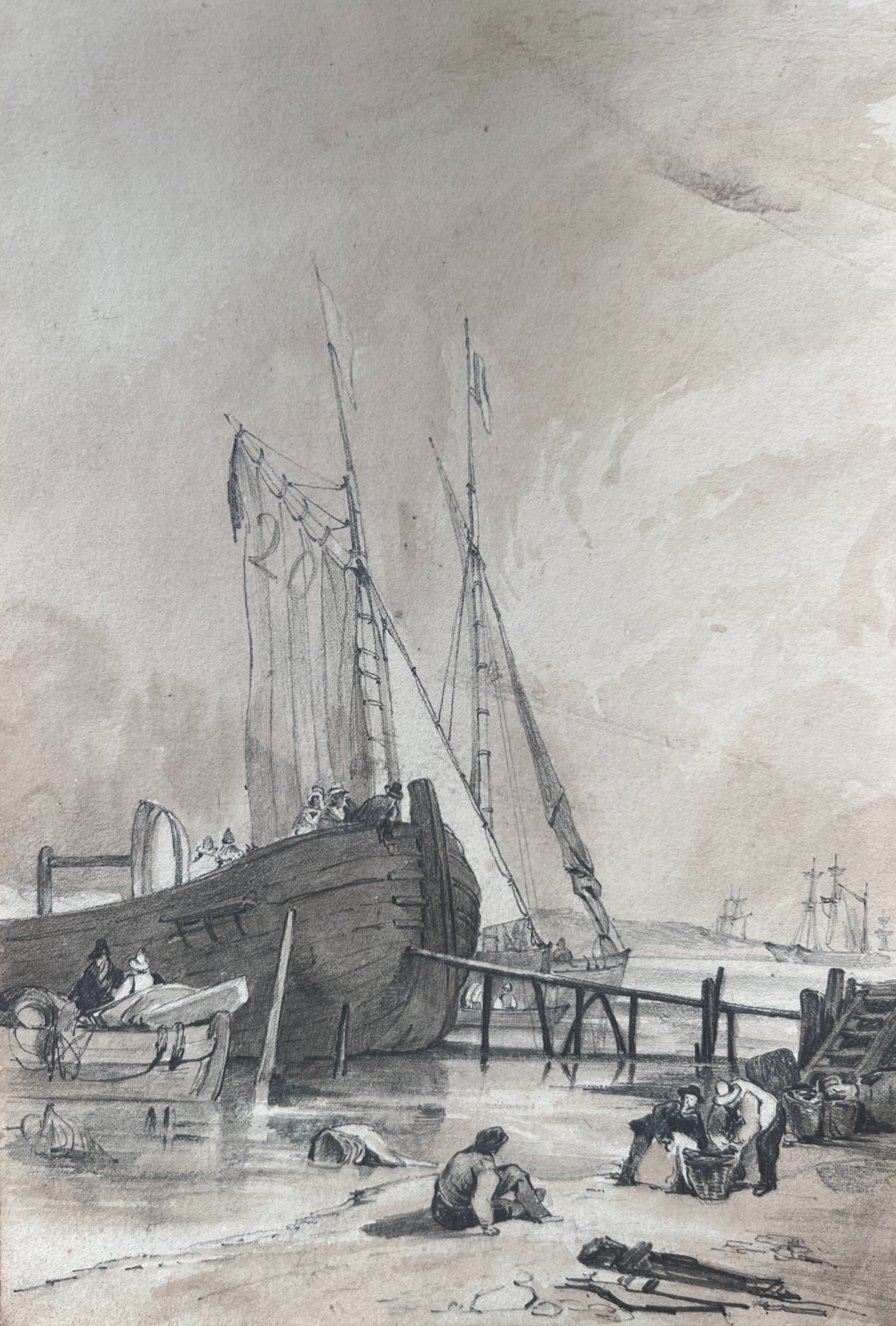 Maritime Landscape People and Boat 19th century Drawing image 1