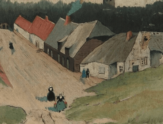 Antique Original Oil Painting Ciyview, Landscape, Breton, Village, People signed image 3