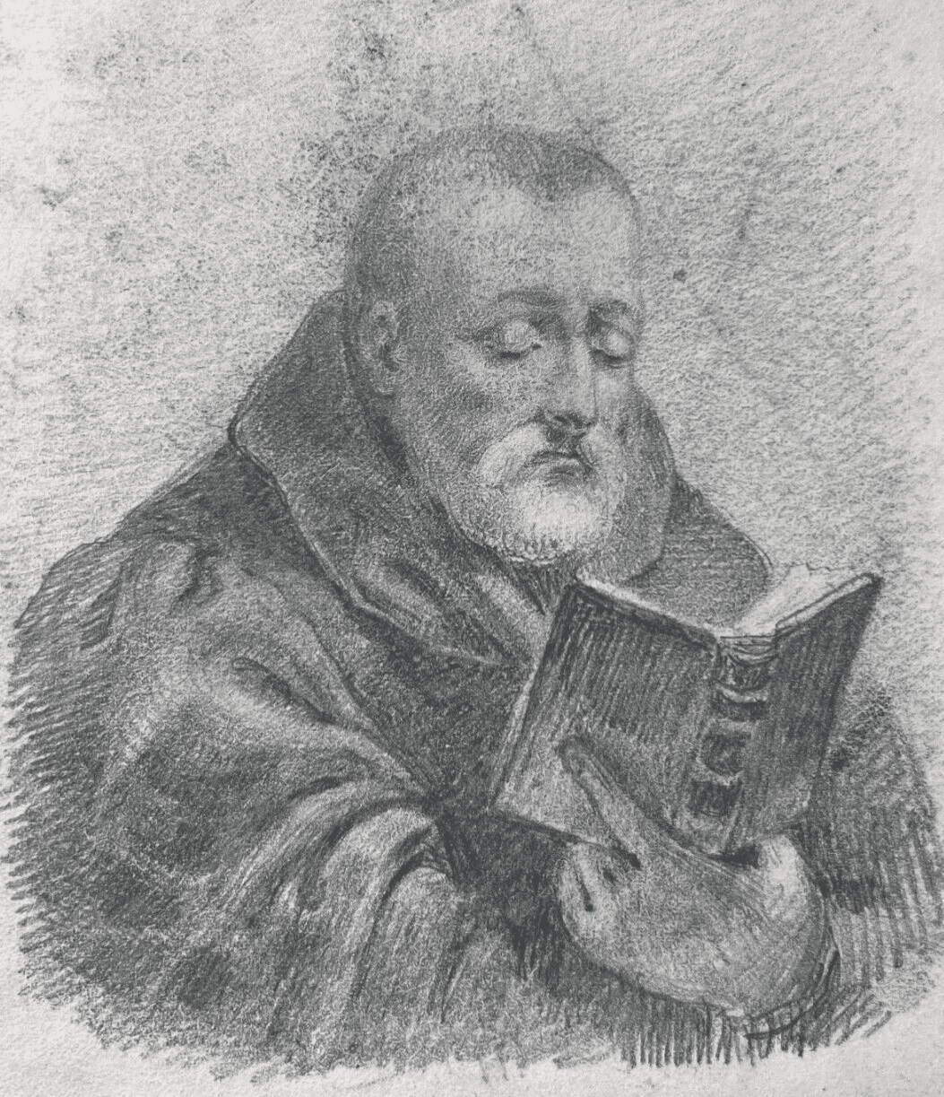 Antique Drawing Original Religious Man Portrait with Book 19th century