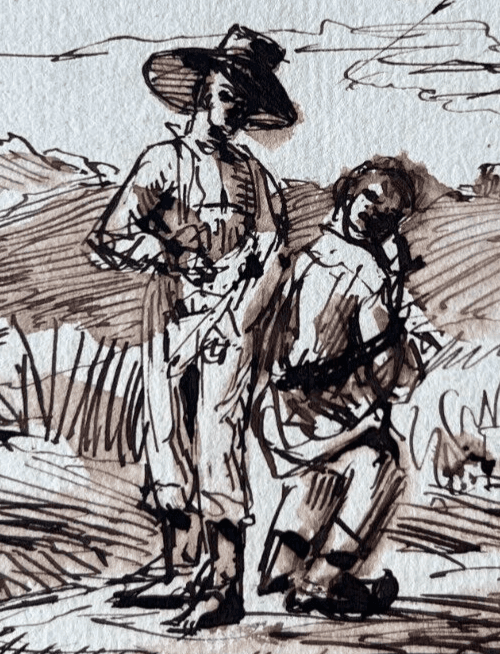 Antique Original Drawing signed Men Portraits, Life Scene, Landscape image 3
