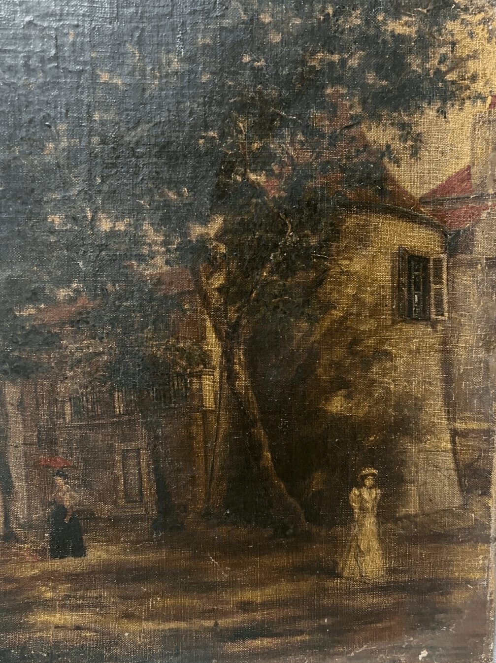 Antique Original Painting 19th century, Women, Cityview, Castle, Life, Trees