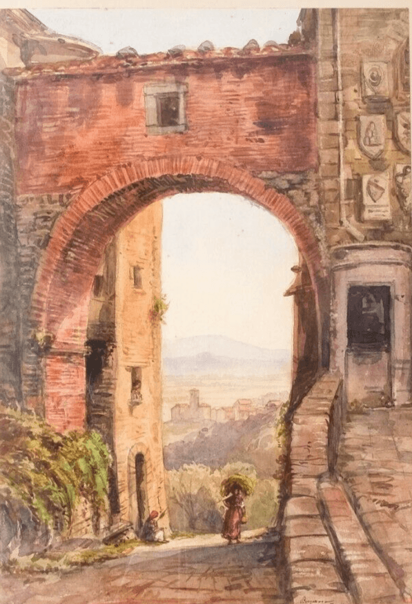 Drawing Signed Italy Cityview with People