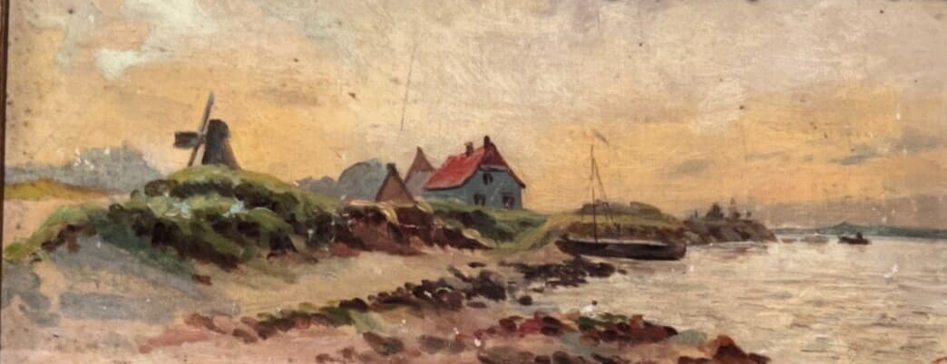 Antique Old Painting signed Village Town Landscape, Seaview, Mill, Boats