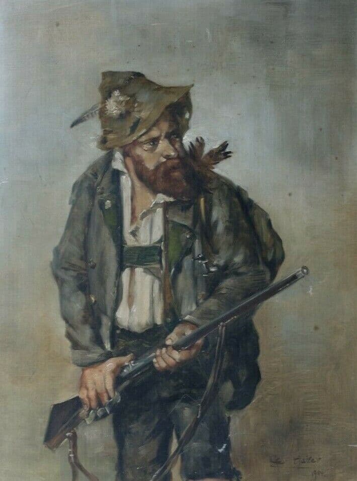 Painting Hunter Man with Riffle Portrait signed 1904