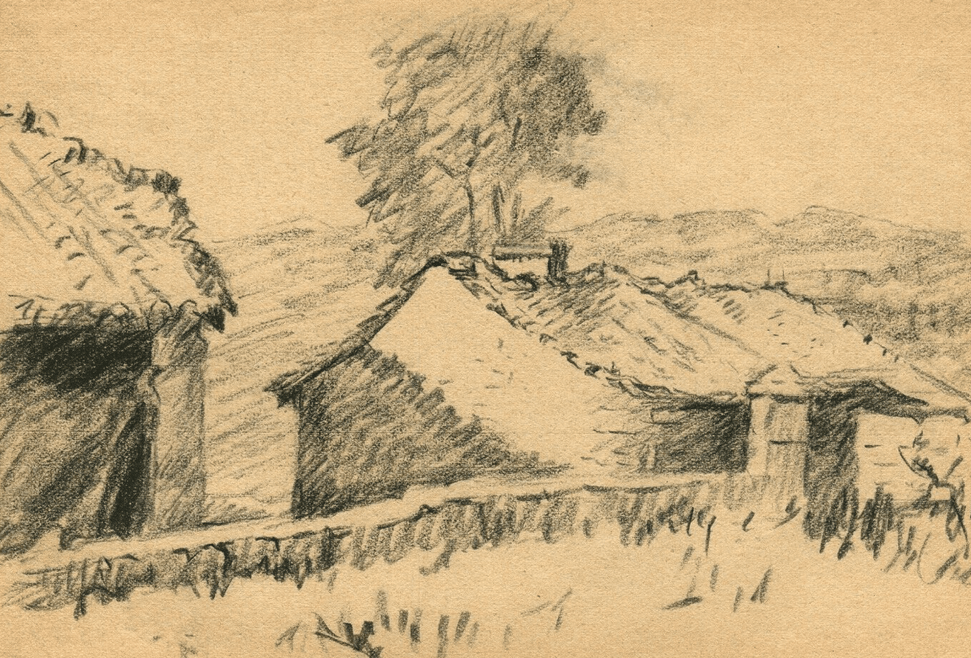 Vintage Pencil Original Drawing House and Tree, Landscape