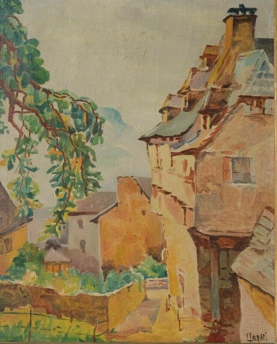 Antique Oil Painting Lucy JAQUET (1849-1893) Village Landscape Artwork