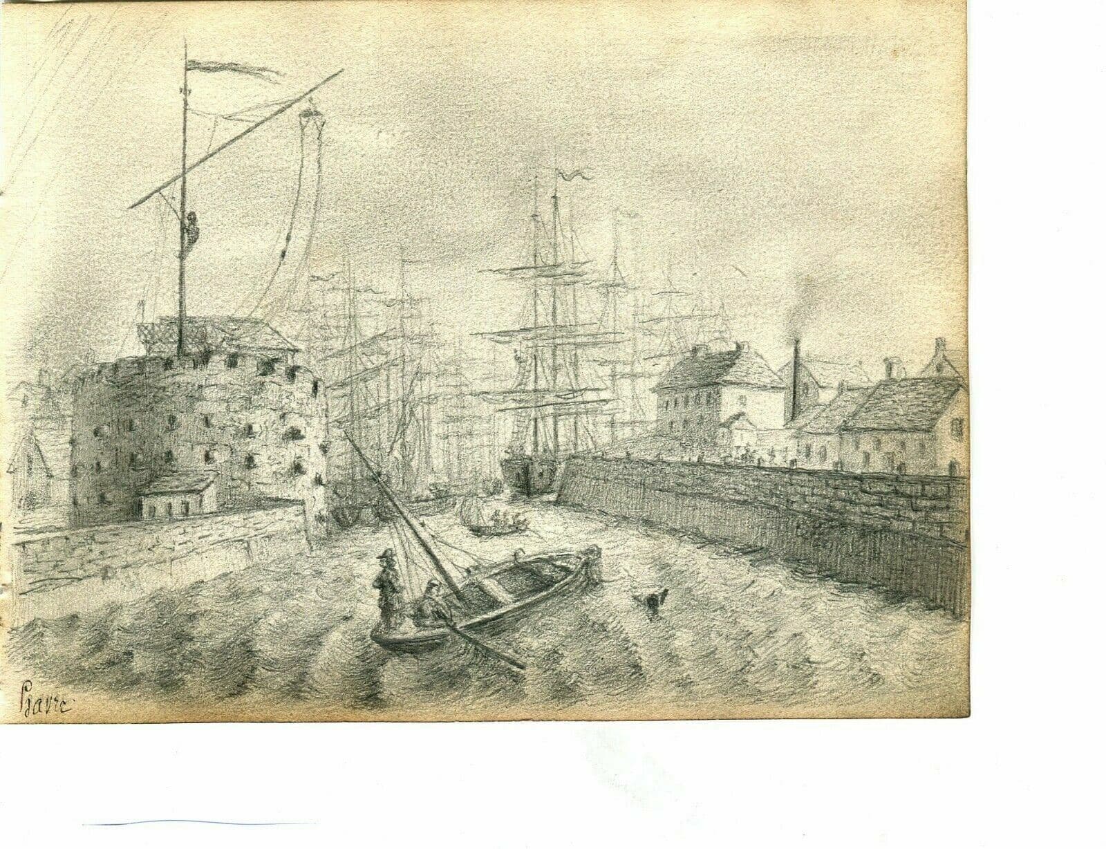 Drawing 19th century Havre Port Maritime Landscape image 2