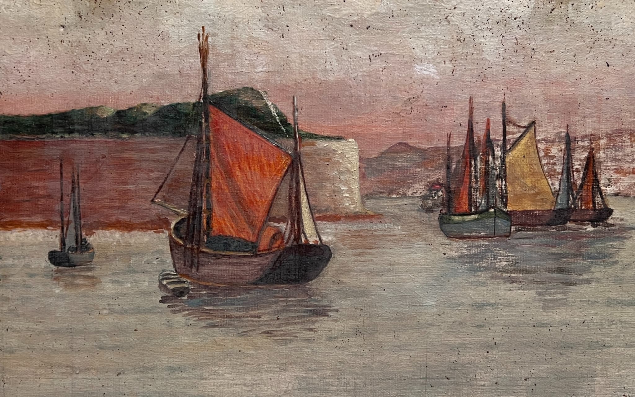 Painting Orange and Yellow Boats Seascape image 1