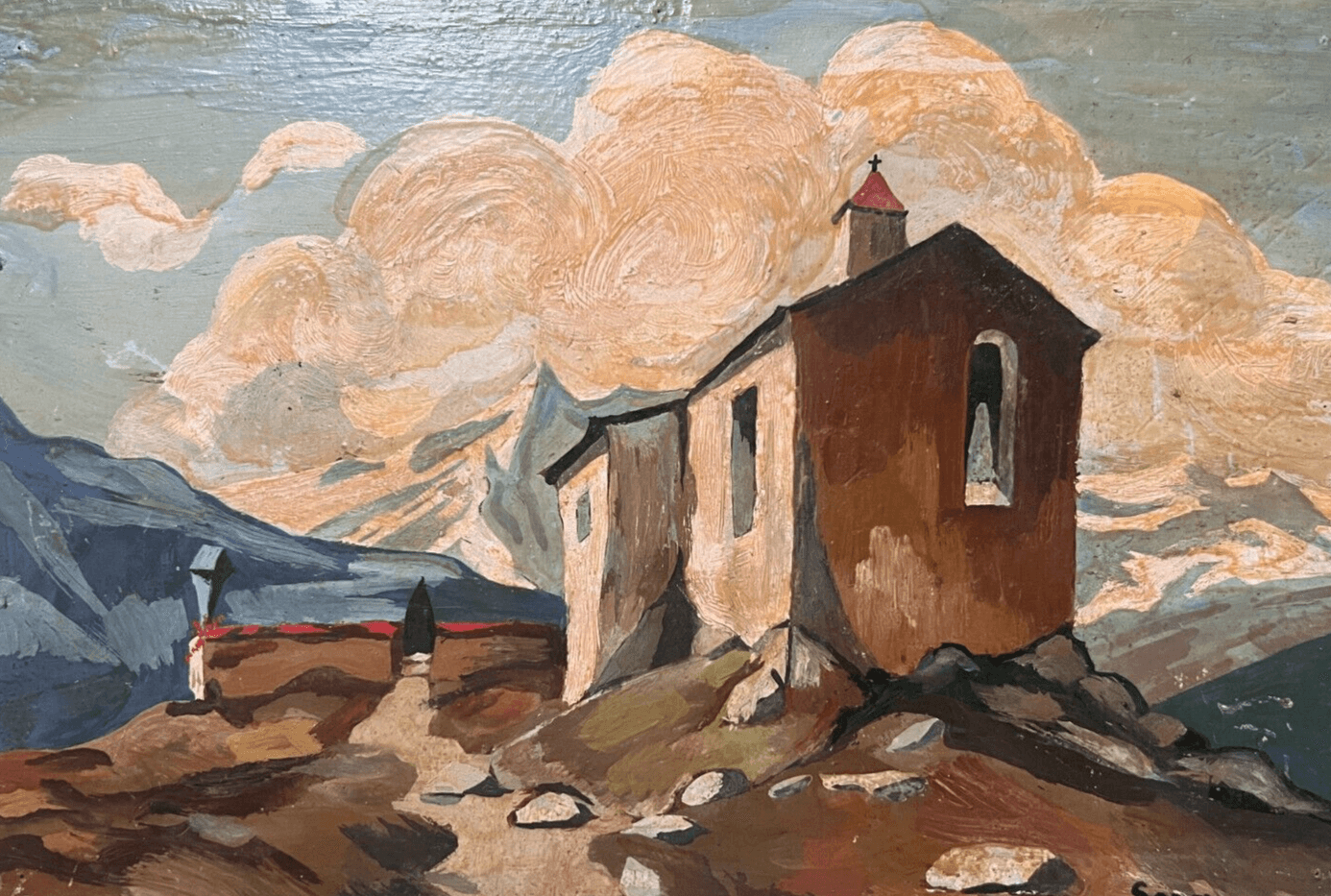 Antique Original Painting Chalet Mountain Landscape