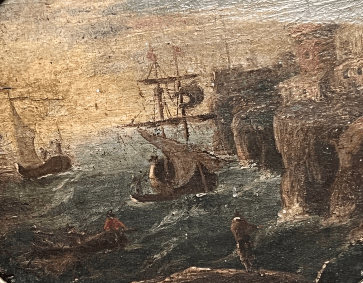 Antique Oil Painting Original Seaview, Cityview People Boats 18th century Framed