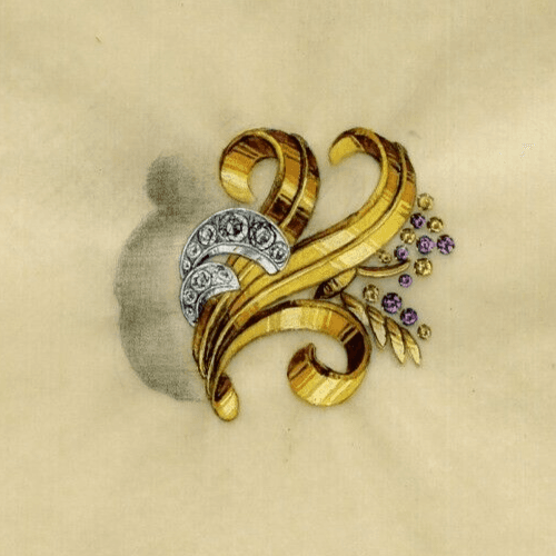 Antique Jewelry Drawing Original Art Deco Purple Diamond Stones Brooch