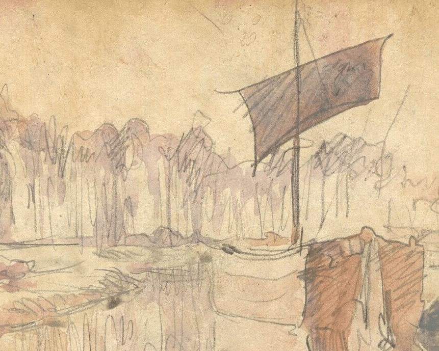 Antique Drawing Original Signed Marine, Landscape, Boats, Port, Village 1923 image 4