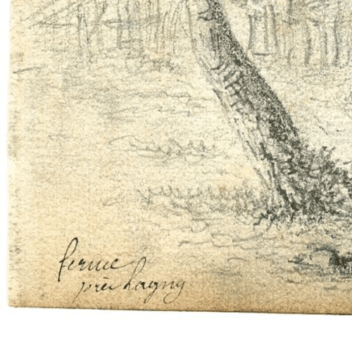Antique Pencil Original Drawing 19th century Lagny Farm Landscape, Oise image 6