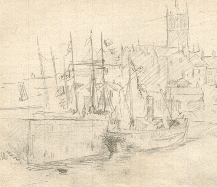 Vintage Original Pencil Drawing Port, Boat Landscape, Cityview Sketch