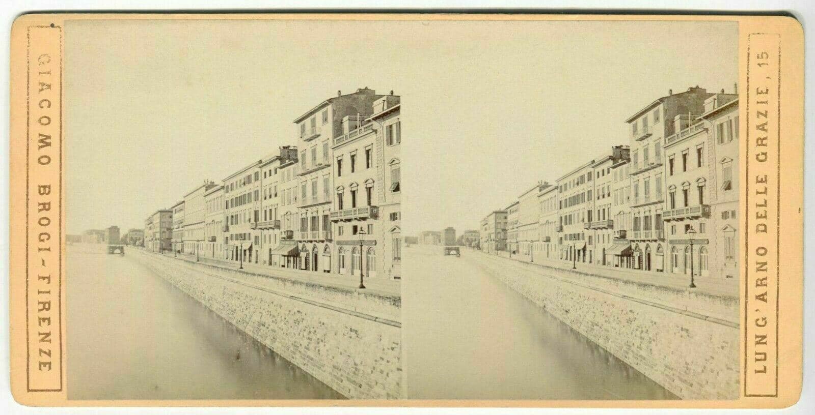 Vintage Stereoview Photo Giacomo BROGI - Florence. Lung' Arno Nuovo c. 1870