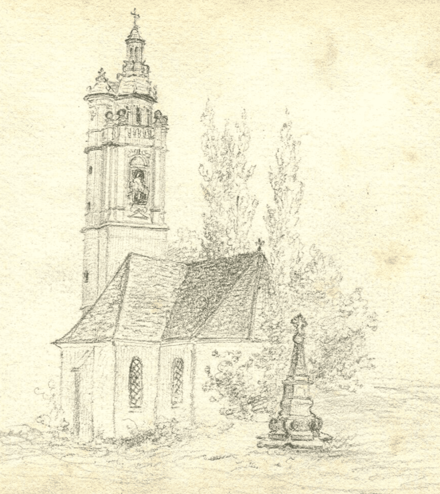 Antique Pencil Original Drawing 19th century Loisail, Parish Church Landscape