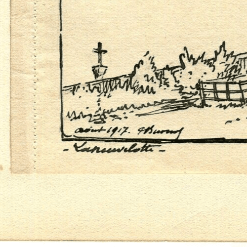 Vintage Ink Drawing Original Landscape Laneuvelotte, Cemetery Lorraine 1917 image 5
