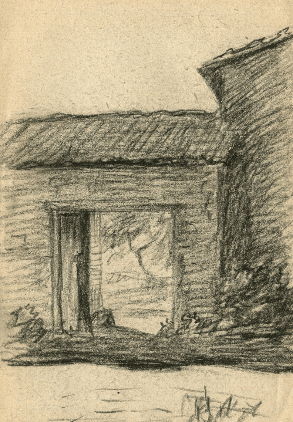 Vintage Pencil Drawing Original signed Entrance to a Farm 1951