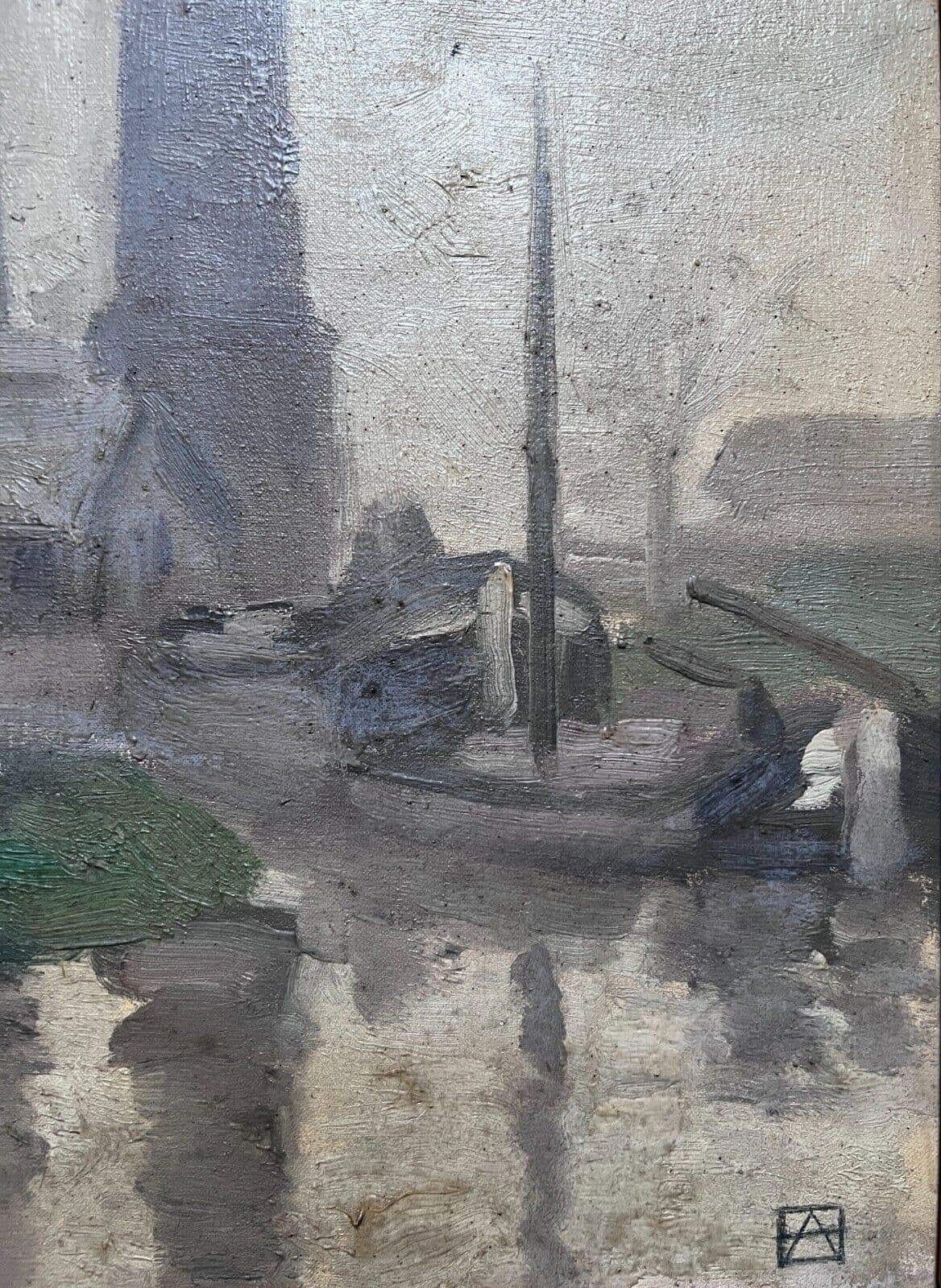 Painting Cityview Landscape with Boat and People image 1