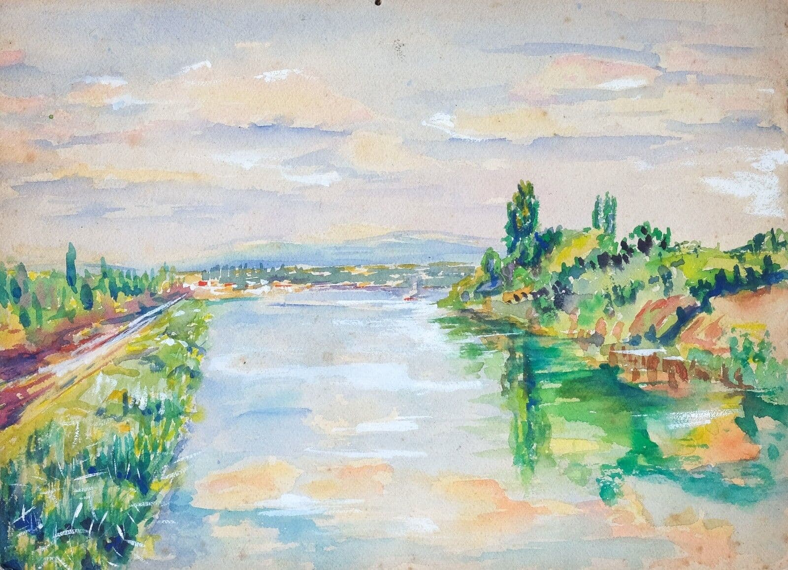 Antique Oil Original Watercolor Landscape with River French
