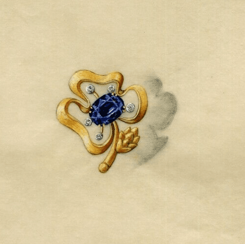 Vintage Drawing Art Deco Original Jewelry Saphir Gold Brooch Artwork image 1