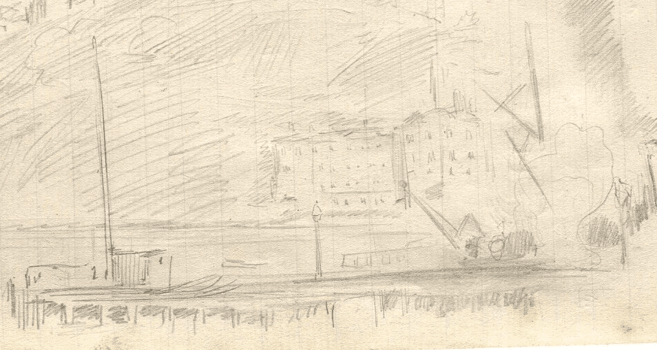 Vintage Pencil Drawing Original Boat, Village, Landscape Artwork