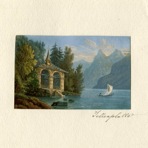 Antique Pencil Drawing Original 19th century Mountain Landscape with Boat