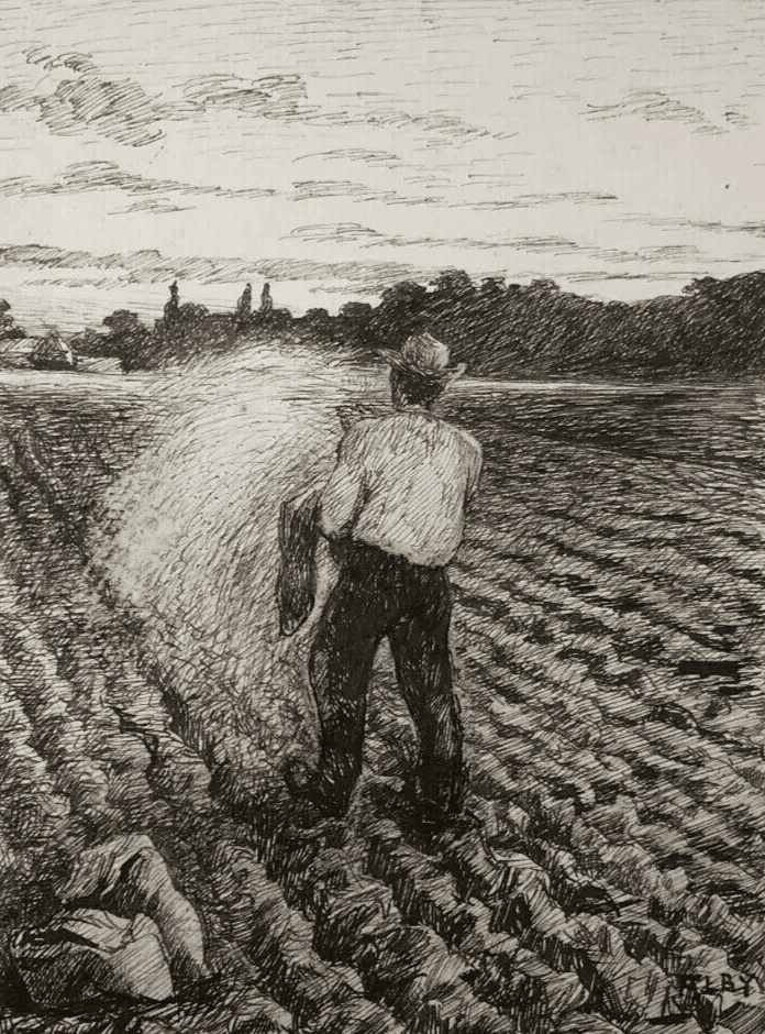 Antique Ink Old Drawing Original Man in the Field, Sow, Farmer