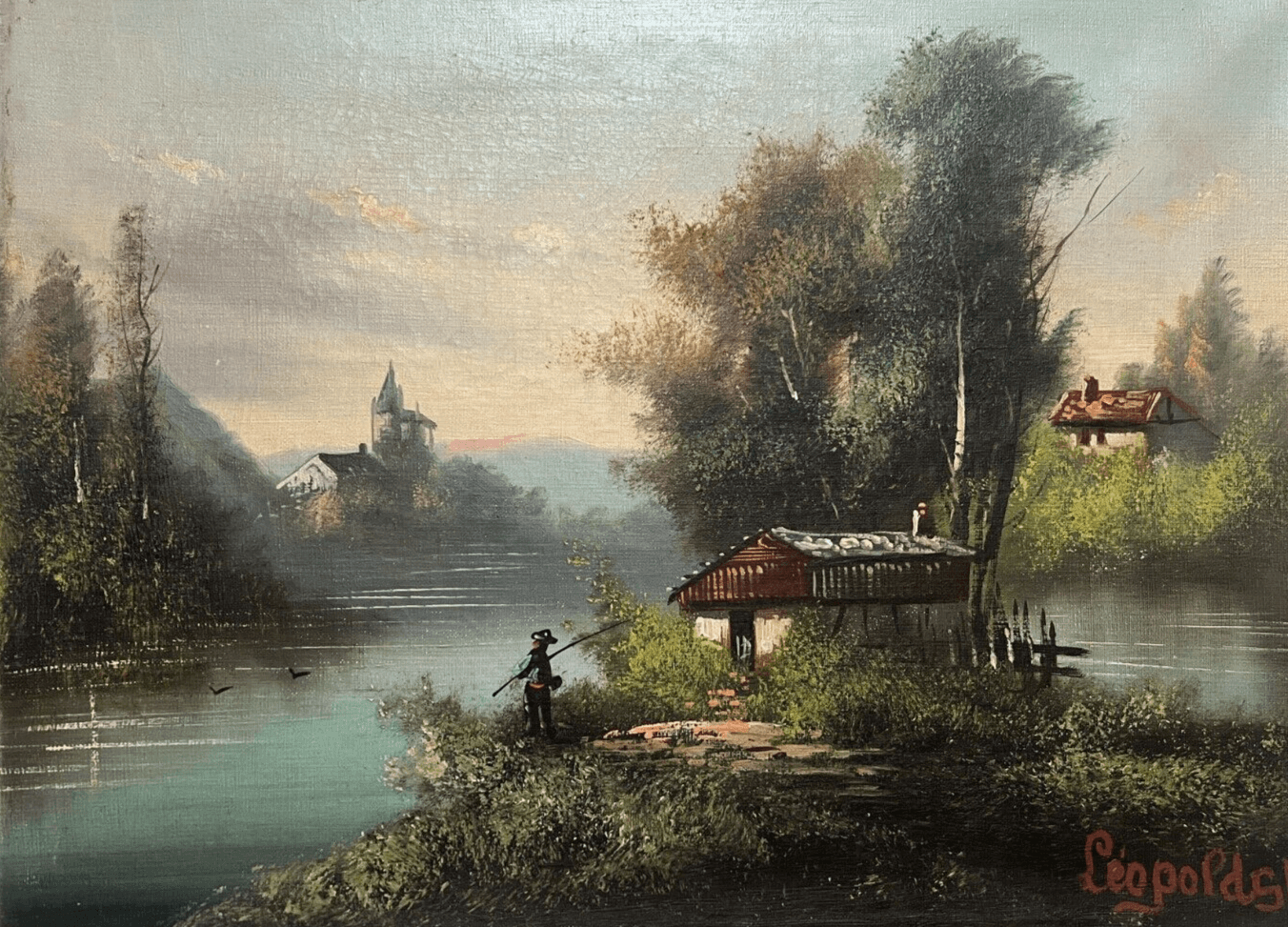 Antique Original Painting Painting Lake Landscape, Man, Fishing signed