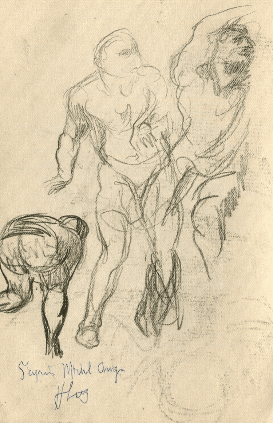 Antique Pencil Drawing Original Sketch Figures, Michel Ange Artwork, Signed