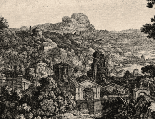 Antique Original Etching Landscape, Forest, Mountain, Trees, Cityview image 2