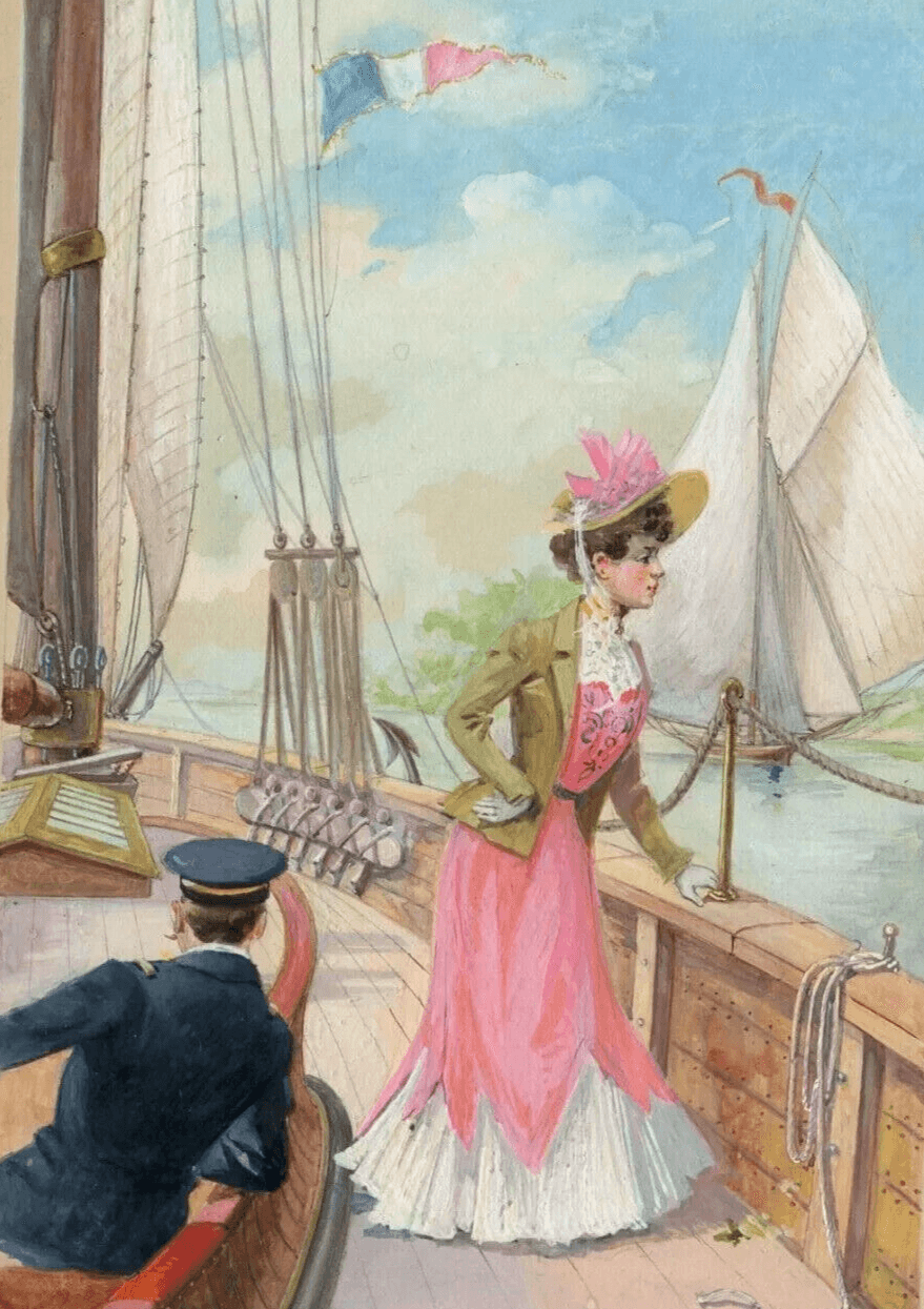Art Nouveau Drawing Illustration, Woman on Boat, Flag, France, Sailor