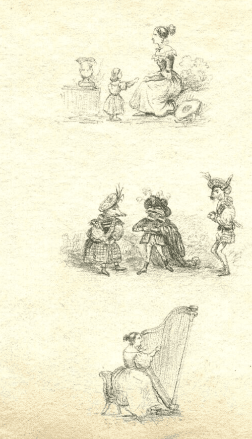 Antique Pencil Drawing Original 19th century Musketeer, Harp, Caricatures image 5