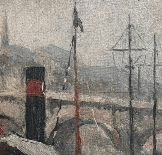 Vintage Oil Painting Maritime Cityview, Boat, City, Bridge, Quay signed, Seascap image 3
