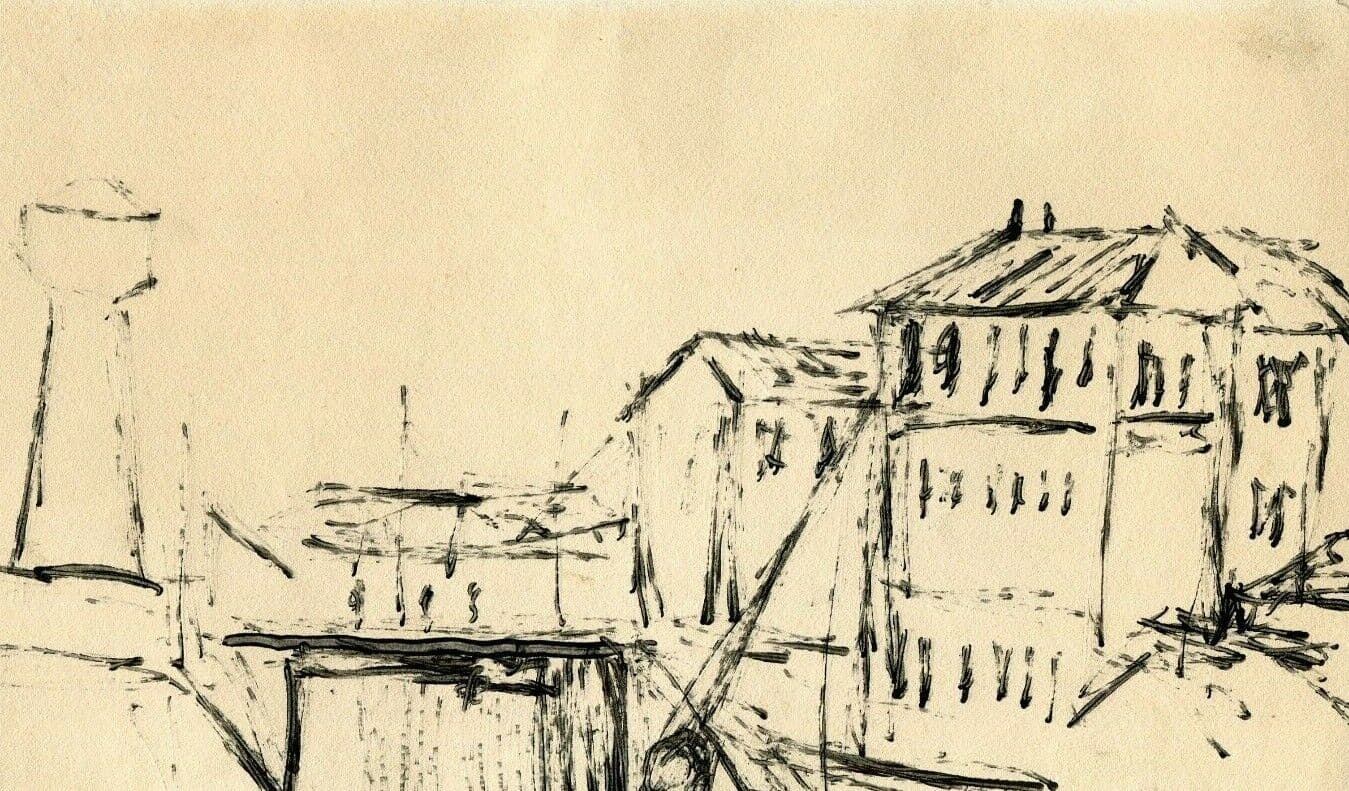 Antique Original Drawing Ink EVARISTO (1923-2009) Village Landscape