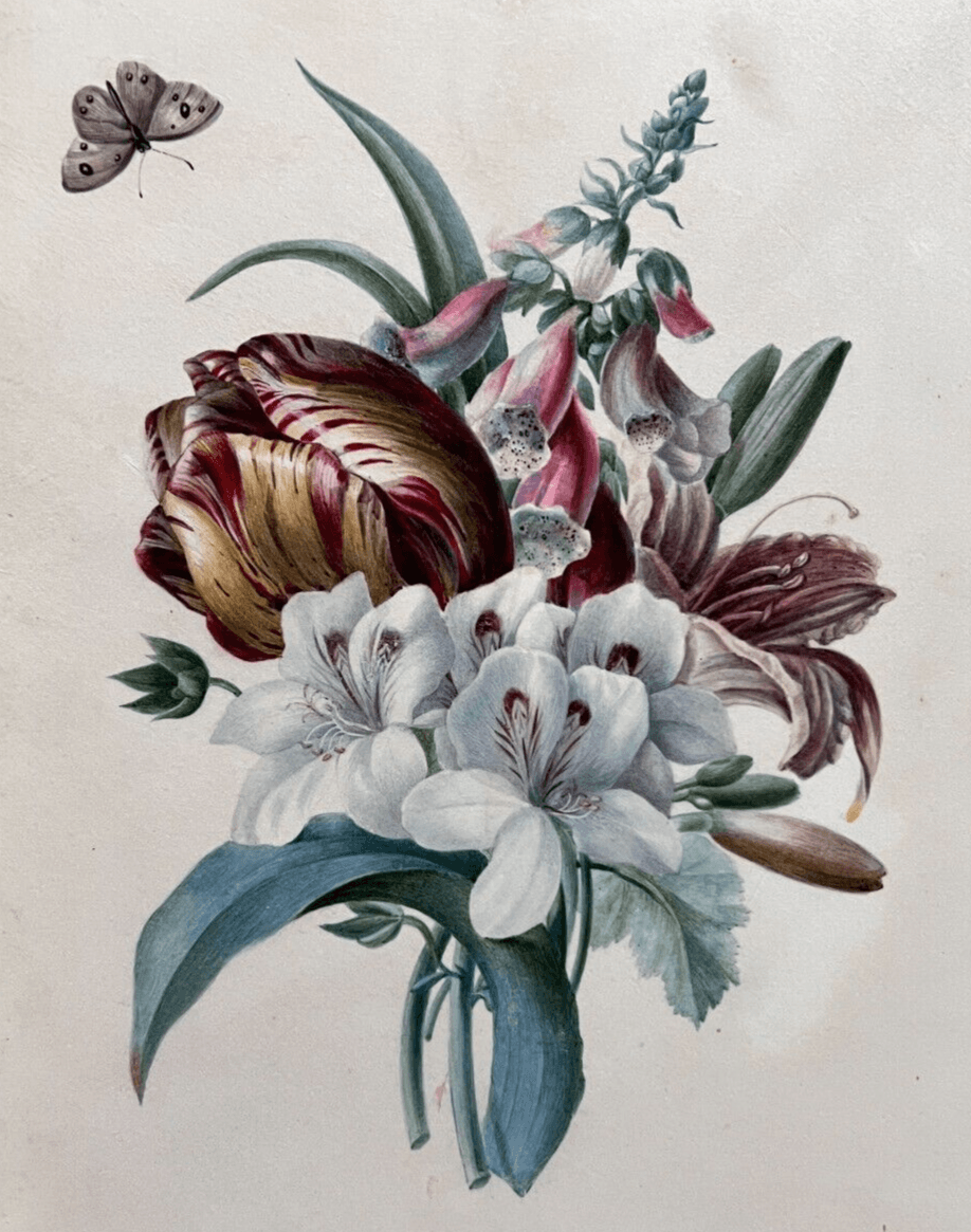 Antique Painting Original Flowers, Floral, Still Life, Butterfly, Tulip