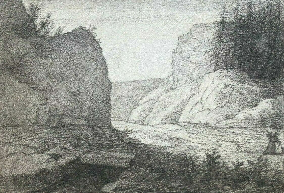 Vintage Pencil Drawing Valley of N.D de Mazières - Bugey Landscape