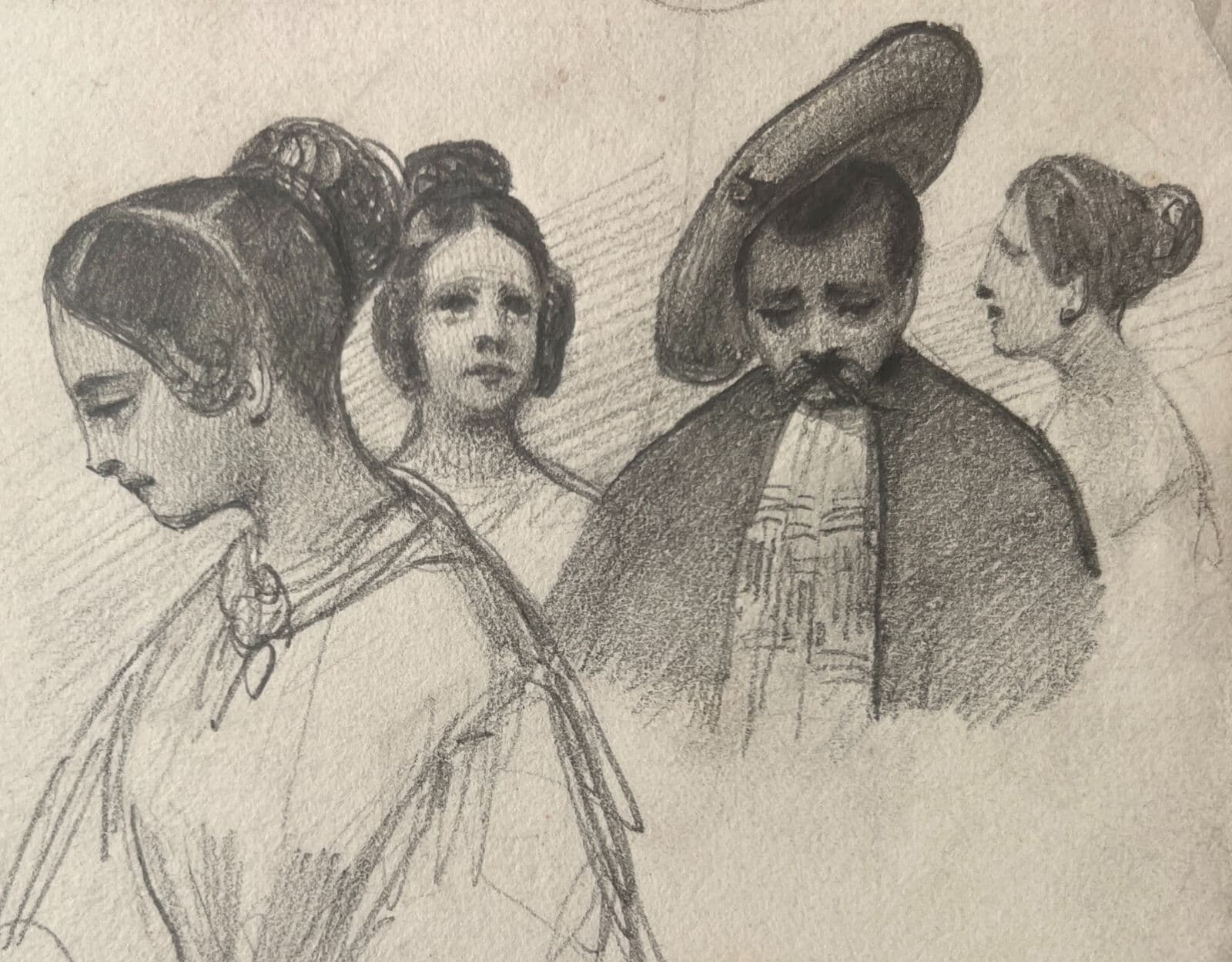 Antique original Women and Men Portraits 19th century Drawing