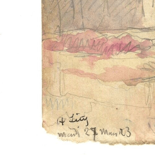 Antique Drawing Original Signed Marine, Landscape, Boats, Port, Village 1923 image 5