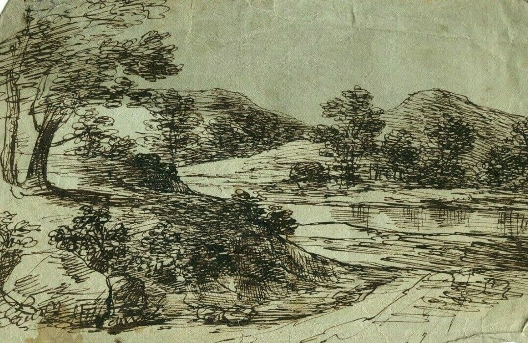 Drawing Mountain Trees Landscape with Lake image 1