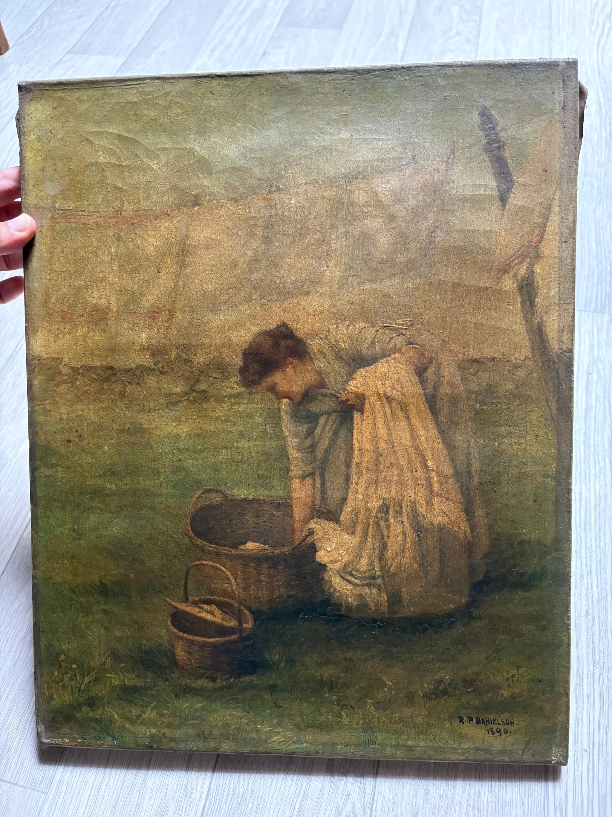 Antique Painting Original Woman, Laundry, Portrait, Working Life signed 1890 image 2